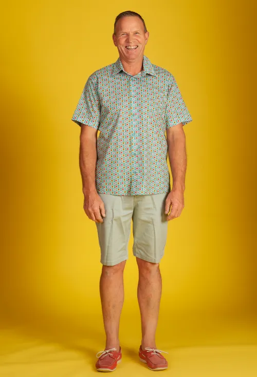 Otto enjoying the silk like feel of our Liberty Tana Lawn 100% cotton Short Sleeve Shirt 'Aztec Sun'